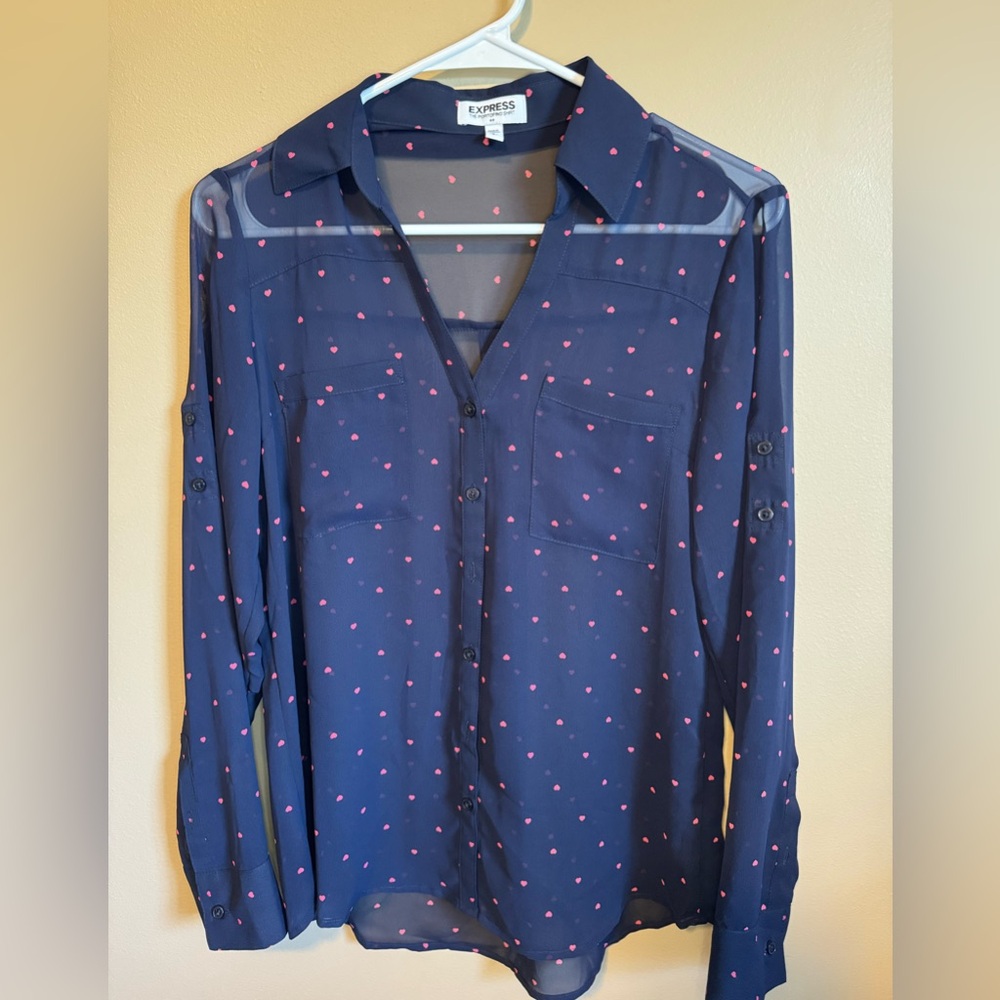 Express Navy Blouse with Tiny Pink Hearts